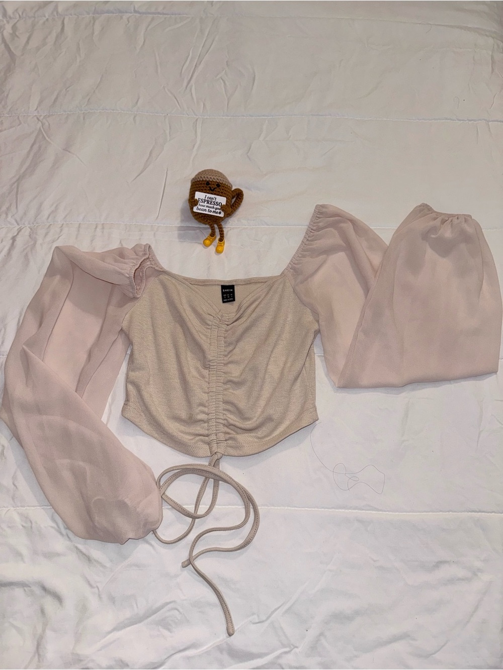 SHEIN Beige Ruched Drawstring Puff Sleeve Crop Top
